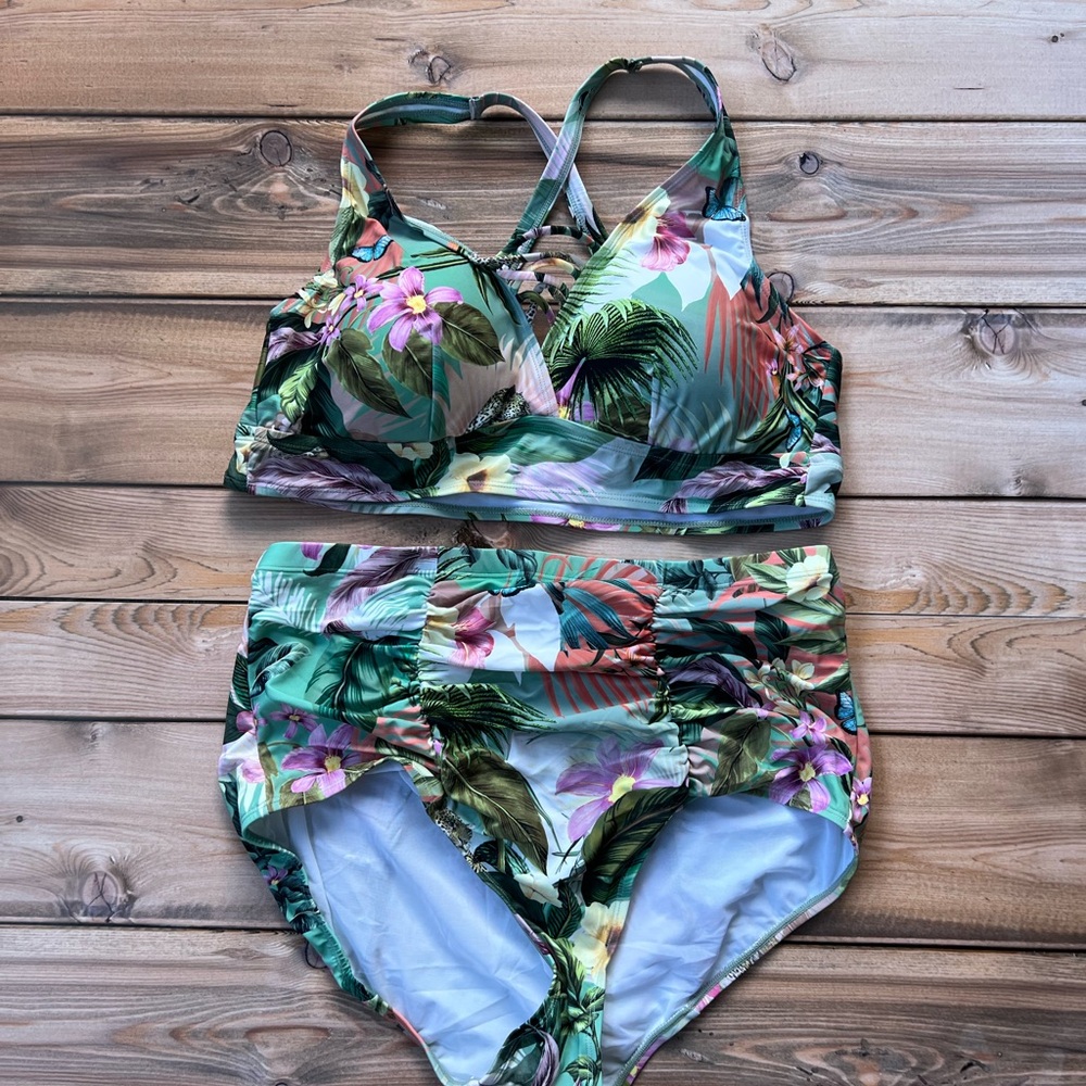 torrid Tropical Floral Crisscross High Waist Bikini in Mint & Coral - Picture 2 of 10